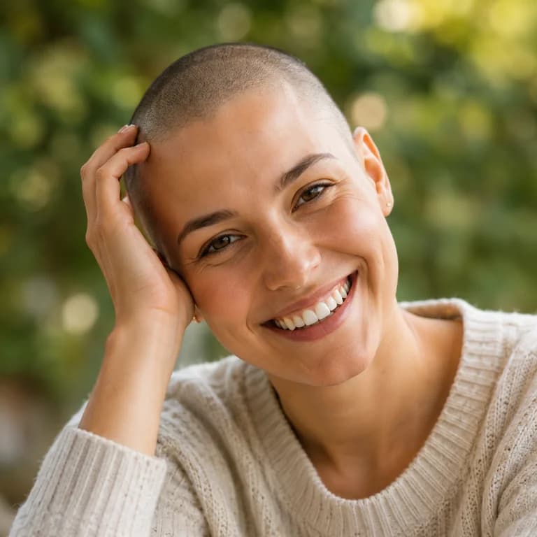 Maria: a young woman with a close-shaved head, smiling at the camera with one hand resting against her head, outdoors against green foliage.